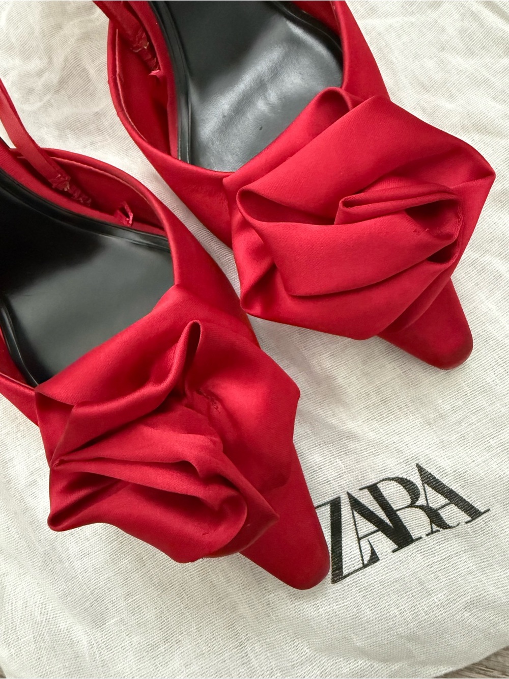 Zara Red Satin Slingback Pumps Floral Rosette